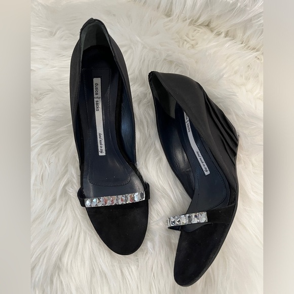 DUSICA SACKS Kotur Leather Black Satin Crystal Detail Peep-Toe Wedge Heel Italy - Picture 1 of 16